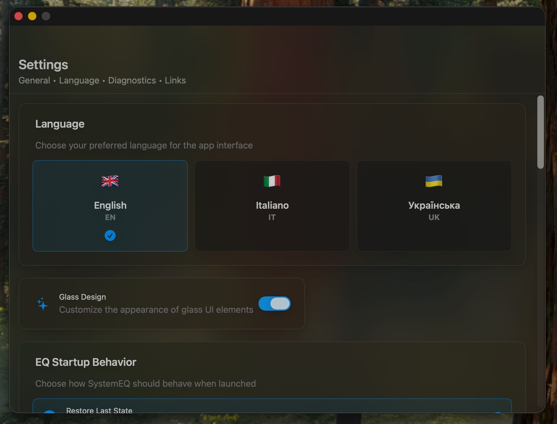 Language and appearance settings