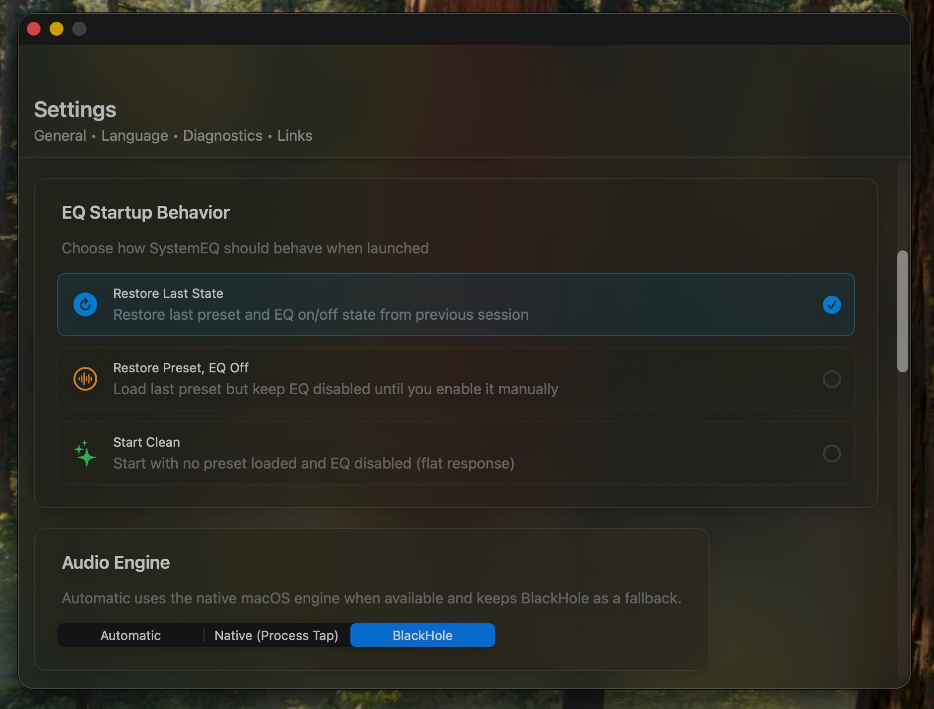 Startup settings